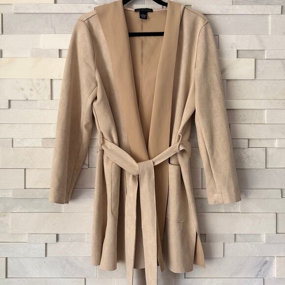 JOAN VASS Faux Suede BeltedTrench Jacket with Hood Beige Preppy Light Academia - Picture 1 of 5
